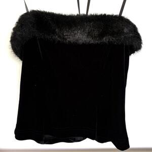 Tadashi Vintage Black Velvet Strapless Top Faux Fur Trim Winter Formal Size 4